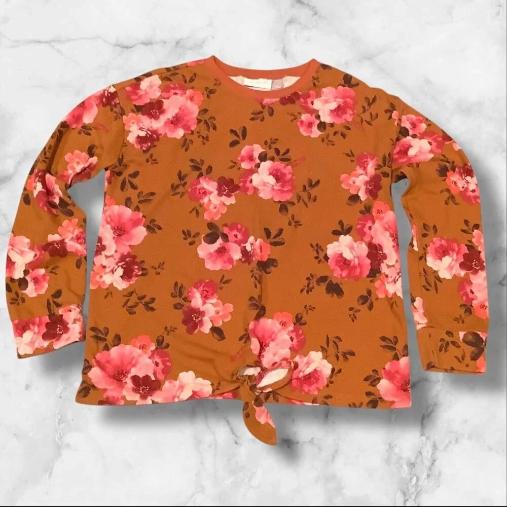 The Children's Place Girls Floral Print Fleece Tie Front Top Brown Long‎ Sleeves